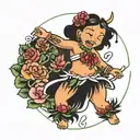 happy dancing hula Stich with roses around  tattoo design idea
