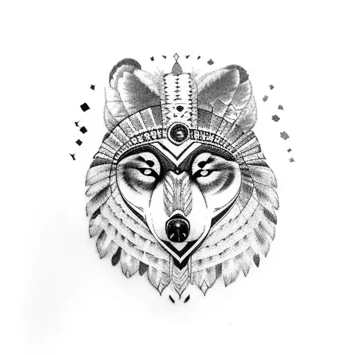 female Indian chief with a wolf a bear and an owl tattoo design idea