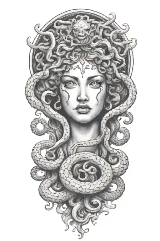 Medusa baring fangs with classic Greek symbolism and stoney eyes tattoo design idea