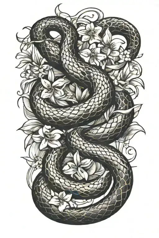 snake with jasmine flowers slithering  tattoo design idea