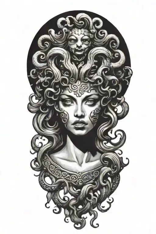 Medusa baring fangs with classic Greek symbolism and stoney eyes tattoo design idea