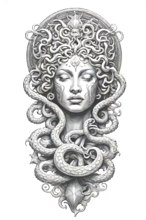 Medusa baring fangs with classic Greek symbolism and stoney eyes.   tattoo design idea