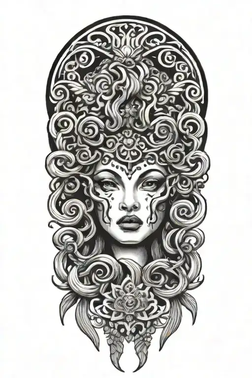 Medusa baring fangs with classic Greek symbolism and stoney eyes tattoo design idea