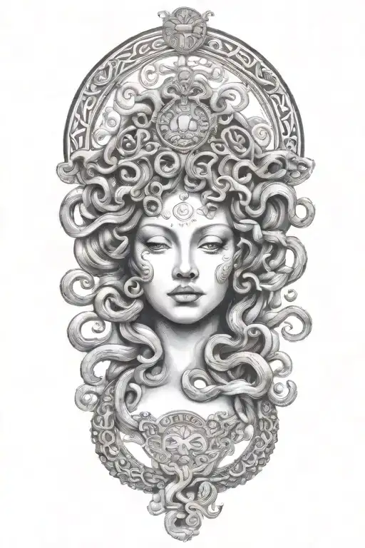 Medusa with classic Greek symbolism and stone features  tattoo design idea
