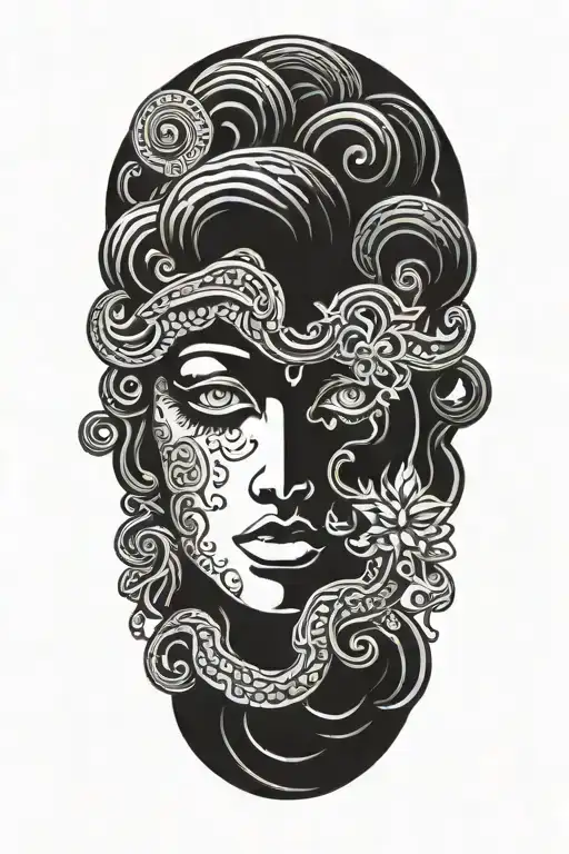 Medusa with classic Greek symbolism and stoney eyes.  background transparent  tattoo design idea