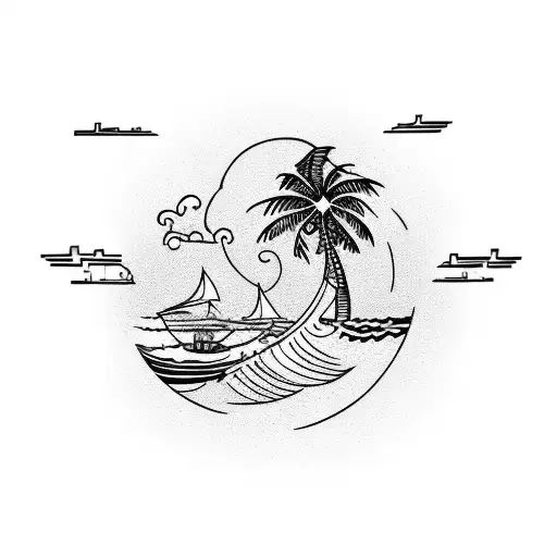 pacific islands half sleeve waves palm trees ocean boat fishing surfing  tattoo design idea
