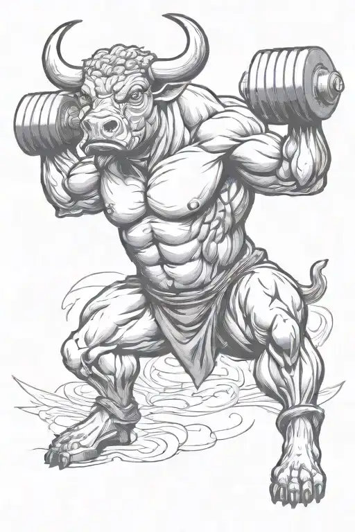 A bull with strong muscular arms lifting dumbbells tattoo design idea