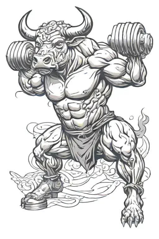 A bull with strong muscular arms lifting dumbbells tattoo design idea
