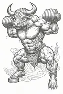 A bull with strong muscular arms lifting dumbbells tattoo design idea