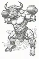 A bull with strong muscular arms lifting dumbbells tattoo design idea