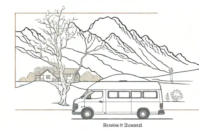 New zealand, broken 2006 nissan caravan smoke from engine, mountains, lake, cherry tree, hut, skiing, Kea tattoo design idea