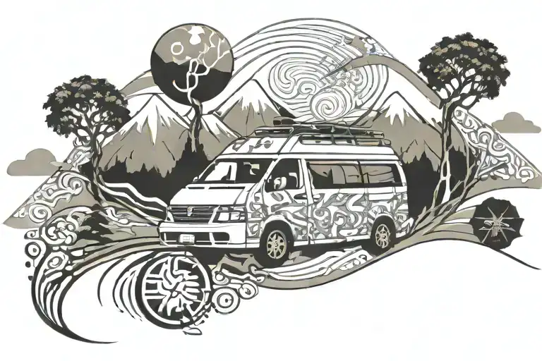 New zealand, broken 2006 nissan caravan smoke from engine, mountains, lake, cherry tree, hut, skiing, Kea tattoo design idea