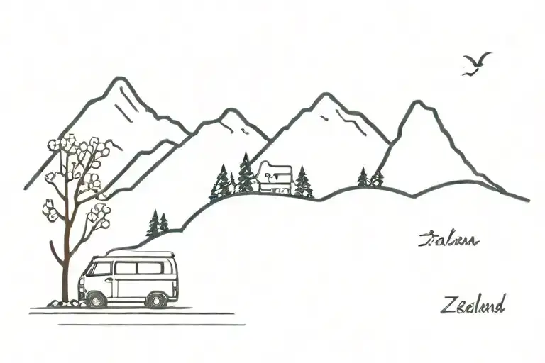 New zealand, broken 2006 nissan caravan, mountains, lake, fruit orchard, hiking, skiing tattoo design idea