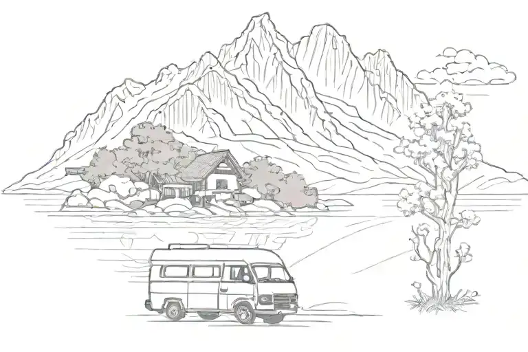 New zealand, broken 2006 nissan caravan smoke from engine, mountains, lake, cherry tree, hut, skiing, Kea tattoo design idea