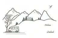 New zealand, broken 2006 nissan caravan, mountains, lake, fruit orchard, hiking, skiing tattoo design idea