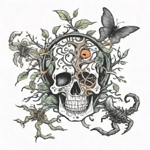 Pectoral tattoo, tree branches with kids names built into it, Hudson, Beckett , and a skull with a scorpion wrapped arou tattoo design idea
