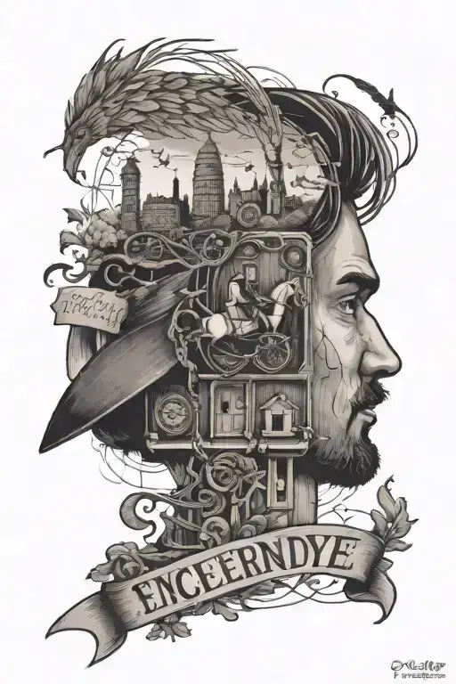 A tattoo design inspired by the book 'Catcher in the Rye', featuring iconic imagery from the novel and a subtle reference to the show 'Friends' as a nod to the client's favorite TV show tattoo design idea