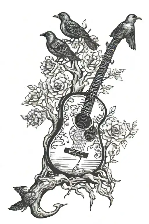 tree, guitar, three little birds, and two men fishing tattoo design idea