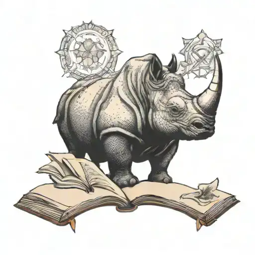 A tattoo design of a rhino reading a book with Catholic symbols subtly incorporated into the background tattoo design idea