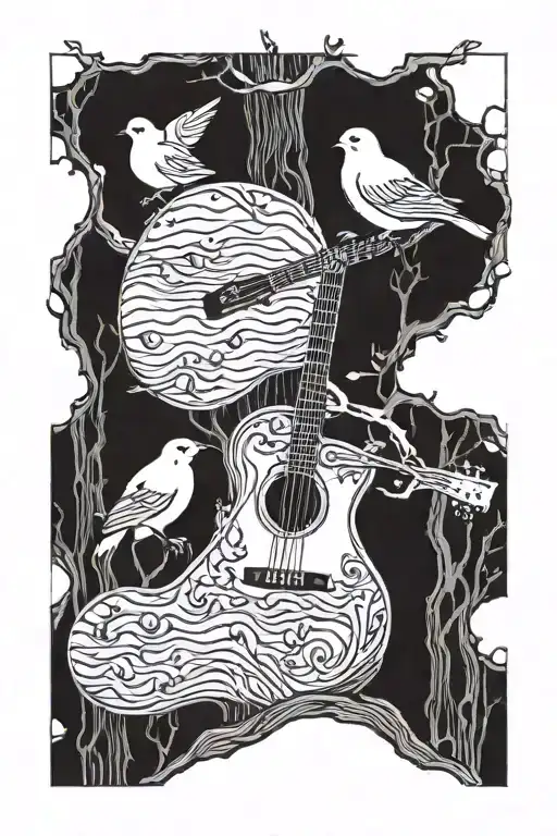 guitar in tree trunk, three little birds singing, and two men fishing tattoo design idea