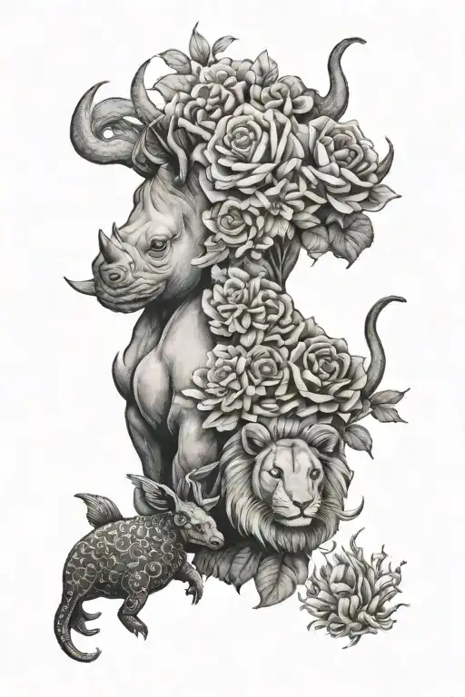 rhino, octopus, duck, lion, flowers tattoo design idea