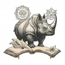 A tattoo design of a rhino reading a book with Catholic symbols subtly incorporated into the background tattoo design idea