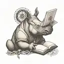 A tattoo design of a rhino reading a book with Catholic symbols subtly incorporated into the background tattoo design idea