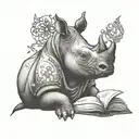 A tattoo design of a rhino reading a book with Catholic symbols subtly incorporated into the background tattoo design idea