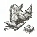 A tattoo design of a rhino reading a book with Catholic symbols subtly incorporated into the background tattoo design idea