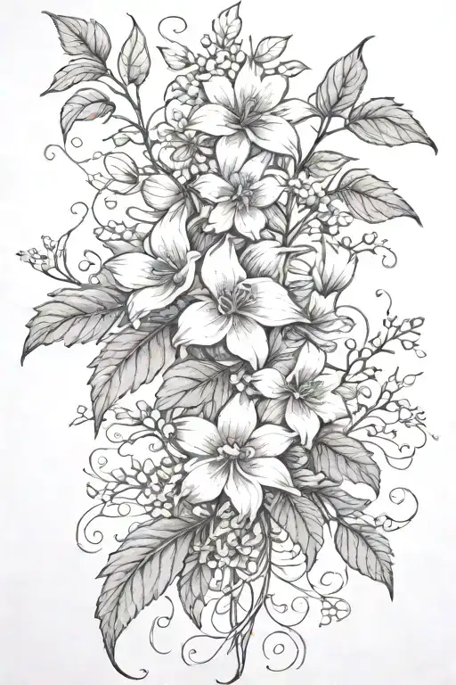 delicate line drawing of vines and small wildflowers with words of inspiration hidden within floliage.  tattoo design idea