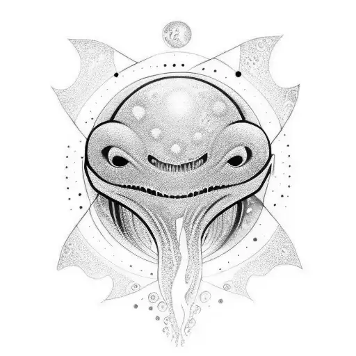 Design half-sleeve tattoo: blissed-out alien enjoying geometric aquascapes tattoo design idea