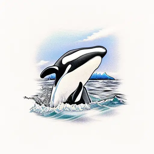 A majestic killer whale emerging from the Pacific Ocean with a campfire on a beach in the background tattoo design idea