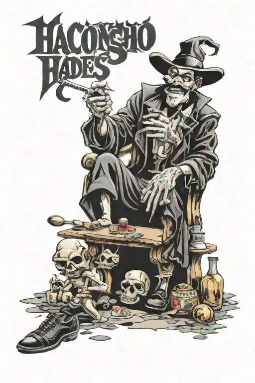 cartoon hades controls pinocchio puppeteer chicano against las vegas backdrop tattoo design idea