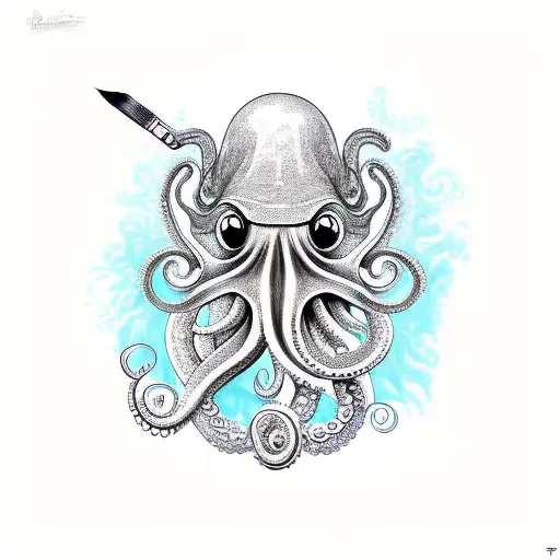 An intricate design of an octopus tentacle holding a paintbrush tattoo design idea