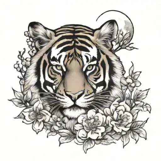 Moon cherry blossom tiger tattoo design idea