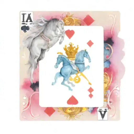a king , a queen and a ace playing cards with black horse with white markings as face  tattoo design idea