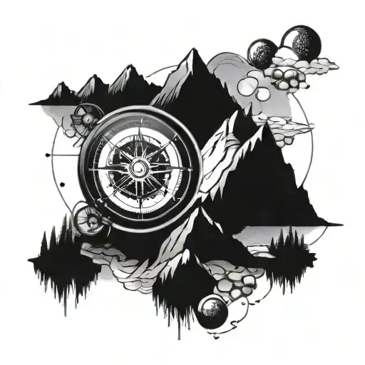 compass under the mountain with spheres tattoo design idea
