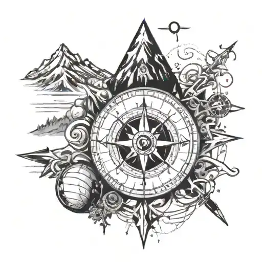 compass under the mountain with spheres and arrows tattoo design idea