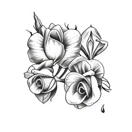 1 daffodil and 1 rose entwined with 1 small daffodil and 2 small roses and 1 small cyclamen  tattoo design idea
