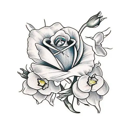 1 daffodil and 1 rose entwined with 1 small daffodil and 2 small roses and 1 small cyclamen  tattoo design idea