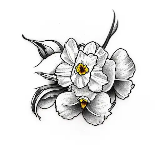1 daffodil and 1 rose entwined with 1 small daffodil and 2 small roses and 1 small cyclamen  tattoo design idea