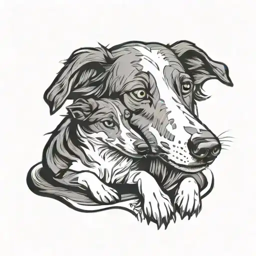 cartoon greyhound cuddling a cartoon border collie tattoo design idea