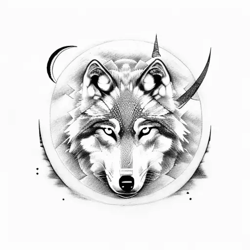 wolf and moon, viking runes tattoo design idea