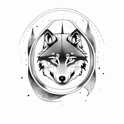 wolf and moon, viking runes tattoo design idea