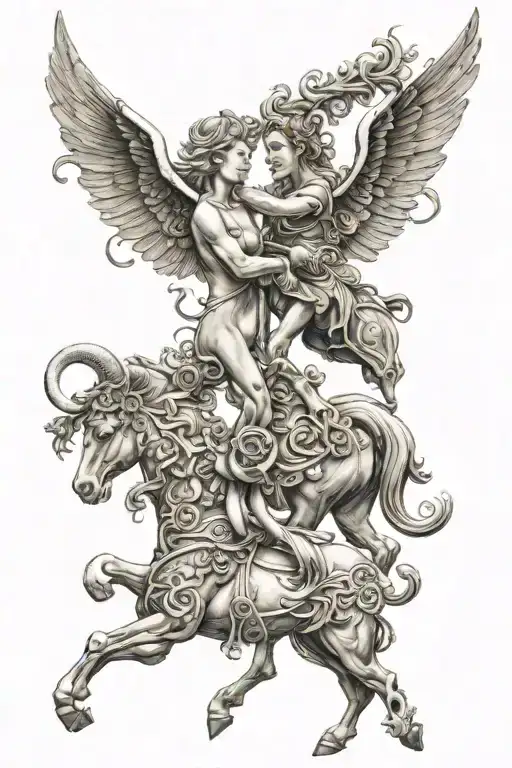 1228 w Aries and Sagittarius symbol intertwined representing marriage that is feminine and goes down the spone tattoo design idea