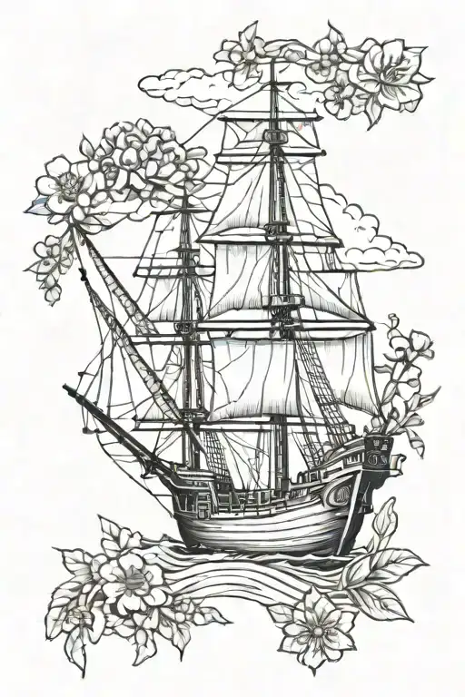 bucket truck in the style of a traditional clipper ship in a gold frame with Texas wildflowers at the base  tattoo design idea