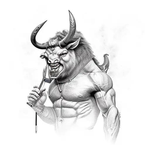 Fully body Minotaur holding a warhammer tattoo design idea