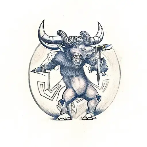 Minotaur with a warhammer in a middle of a labyrinth  tattoo design idea