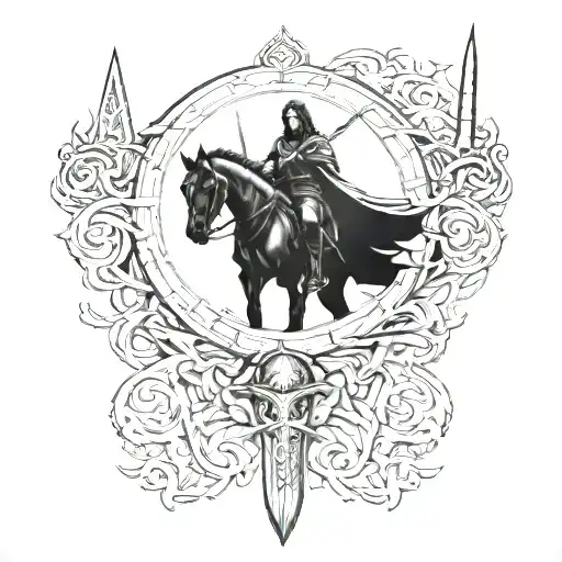 lord of the rings composition featuring sauron, aragorn sword, and the ring tattoo design idea