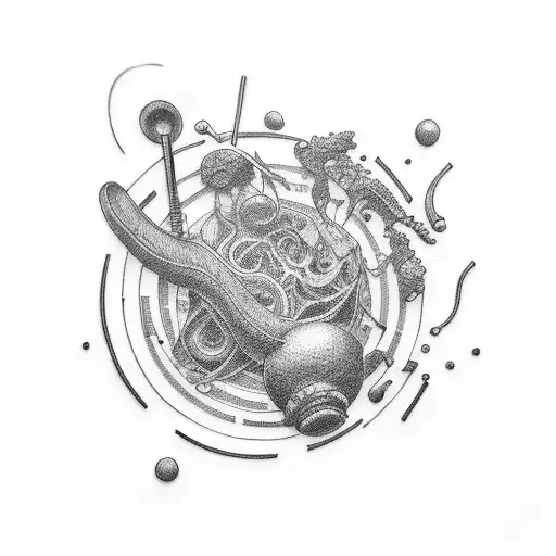 Combine elements of music, food, and favorite TV shows into a detailed dotwork tattoo tattoo design idea